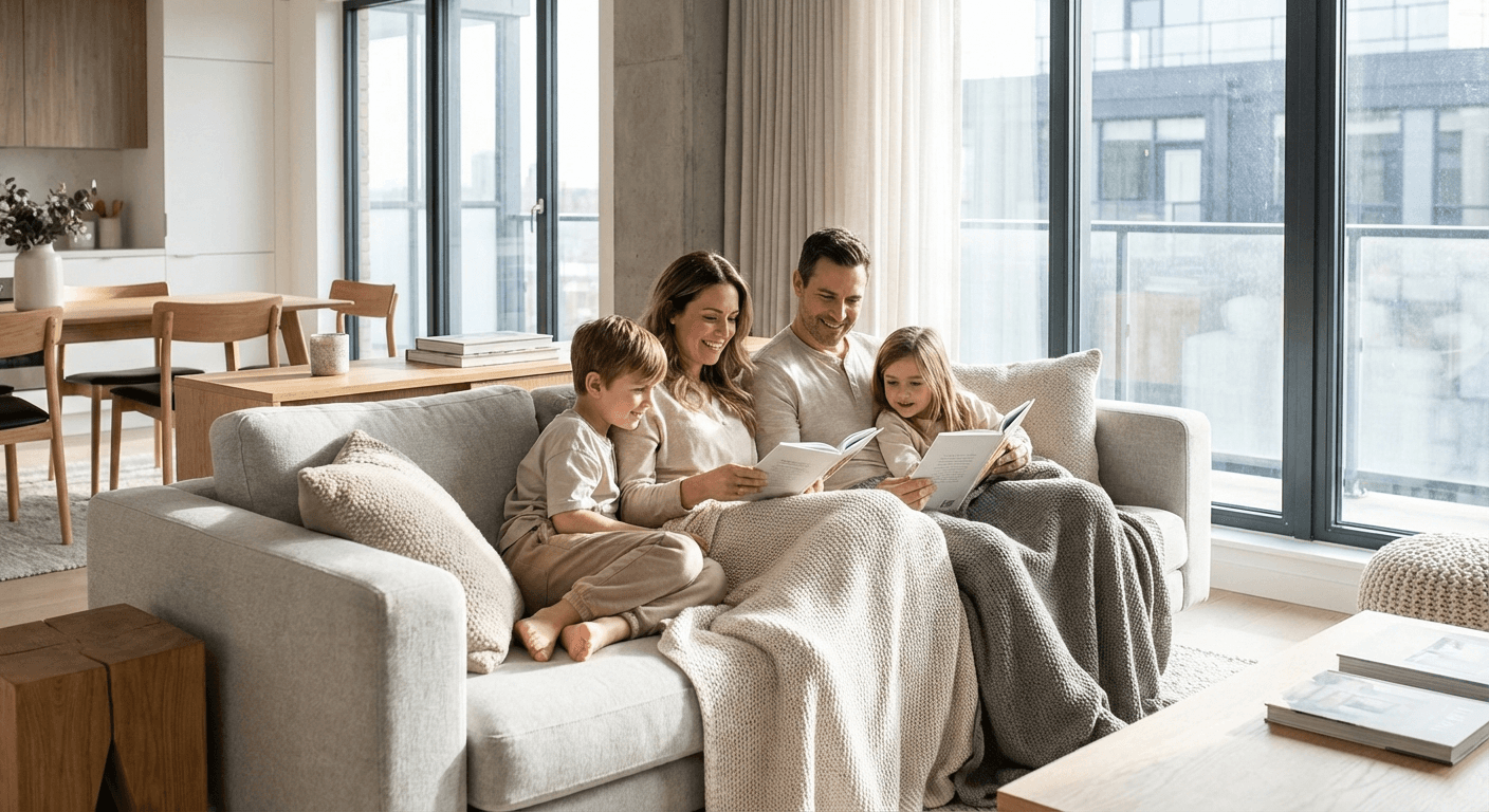 Familia con niños disfrutando tiempo de calidad dentro de casa