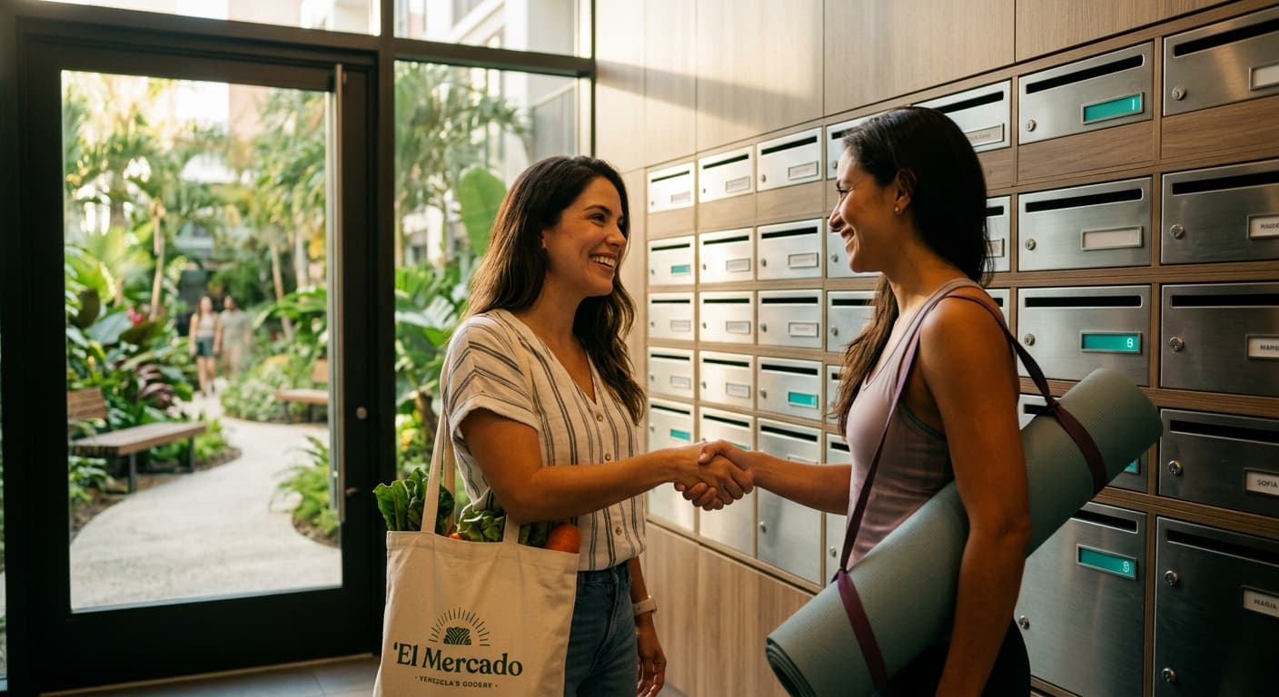 Vecinas conversando en el lobby del condominio