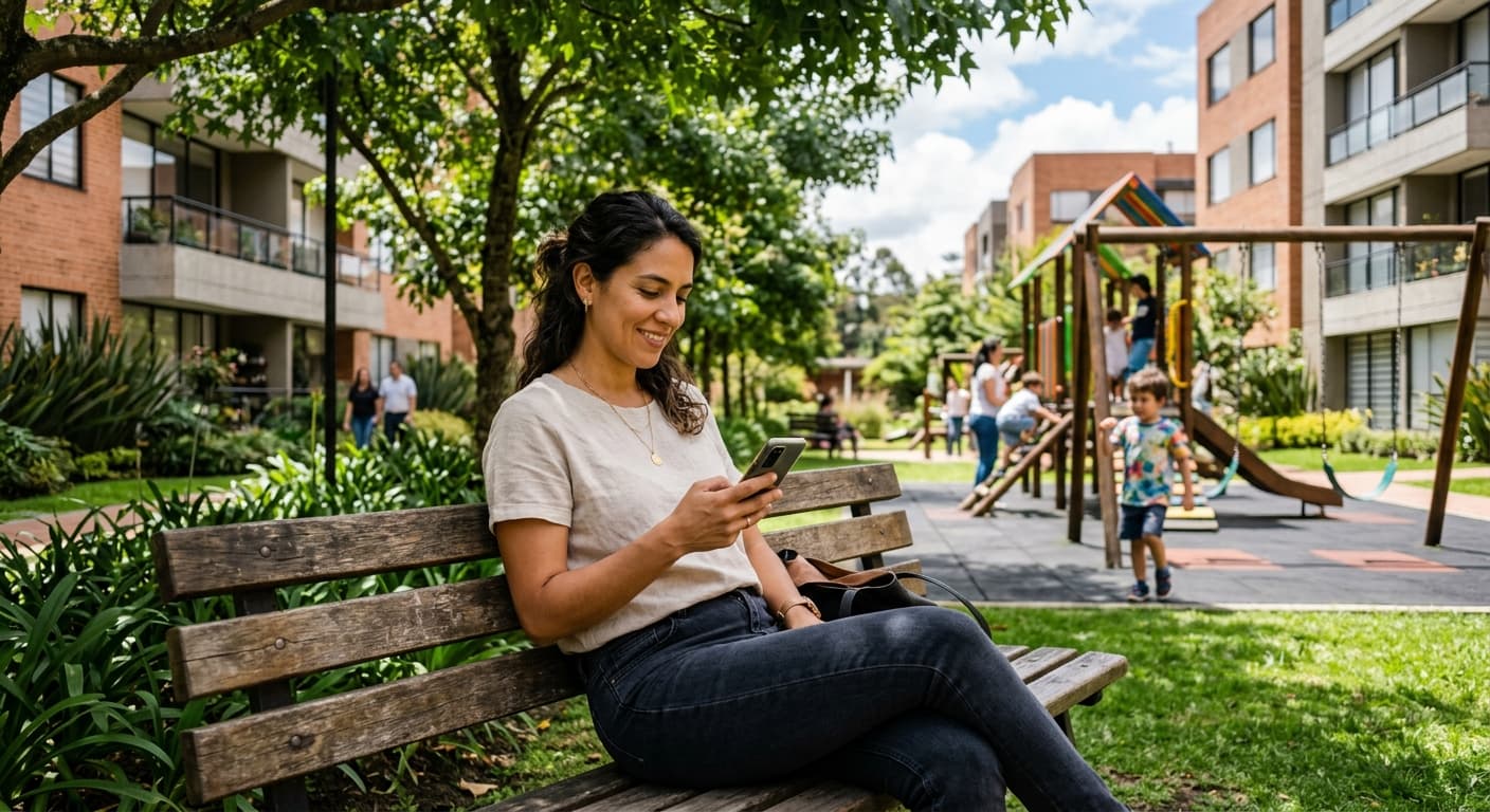 Residente revisando su condominio desde el celular en área común