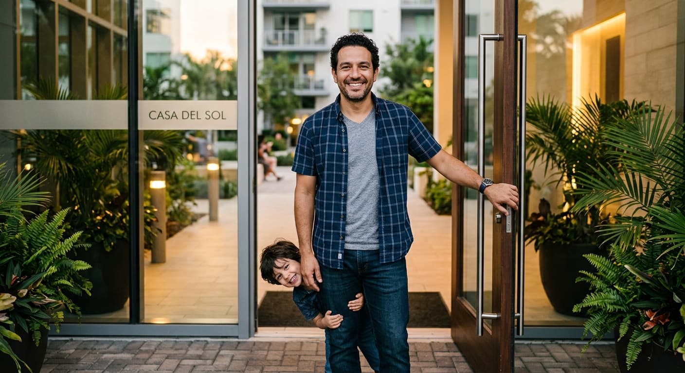 Padre e hijo entrando a su condominio