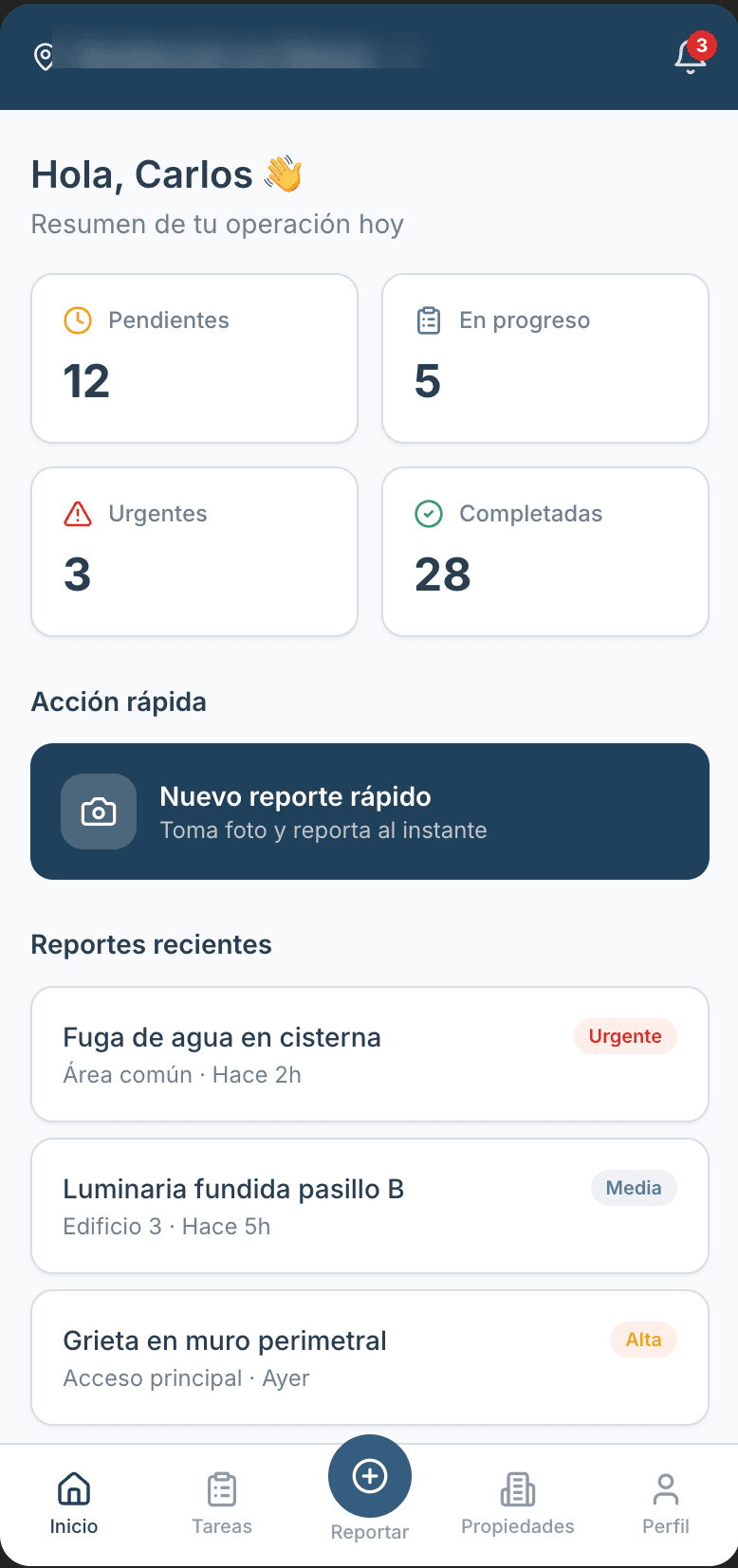 Inicio de la app de monitoreo con resumen del día