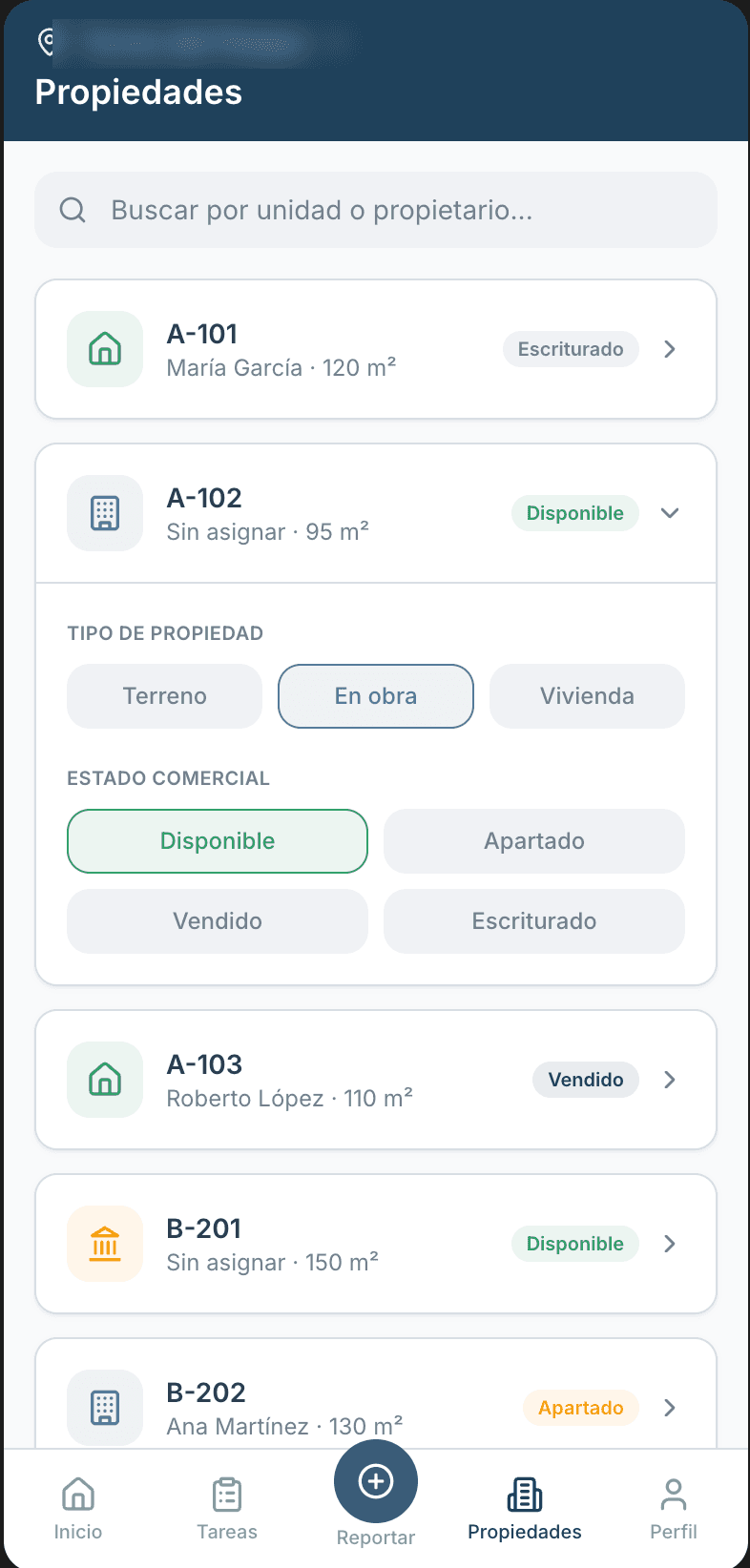 Listado de propiedades con buscador y estatus
