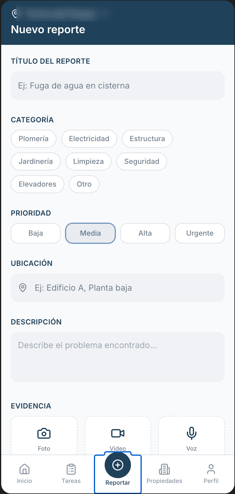Formulario de nuevo reporte de incidencia