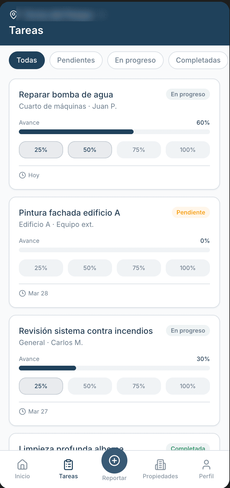 Tareas en curso con filtros de estatus