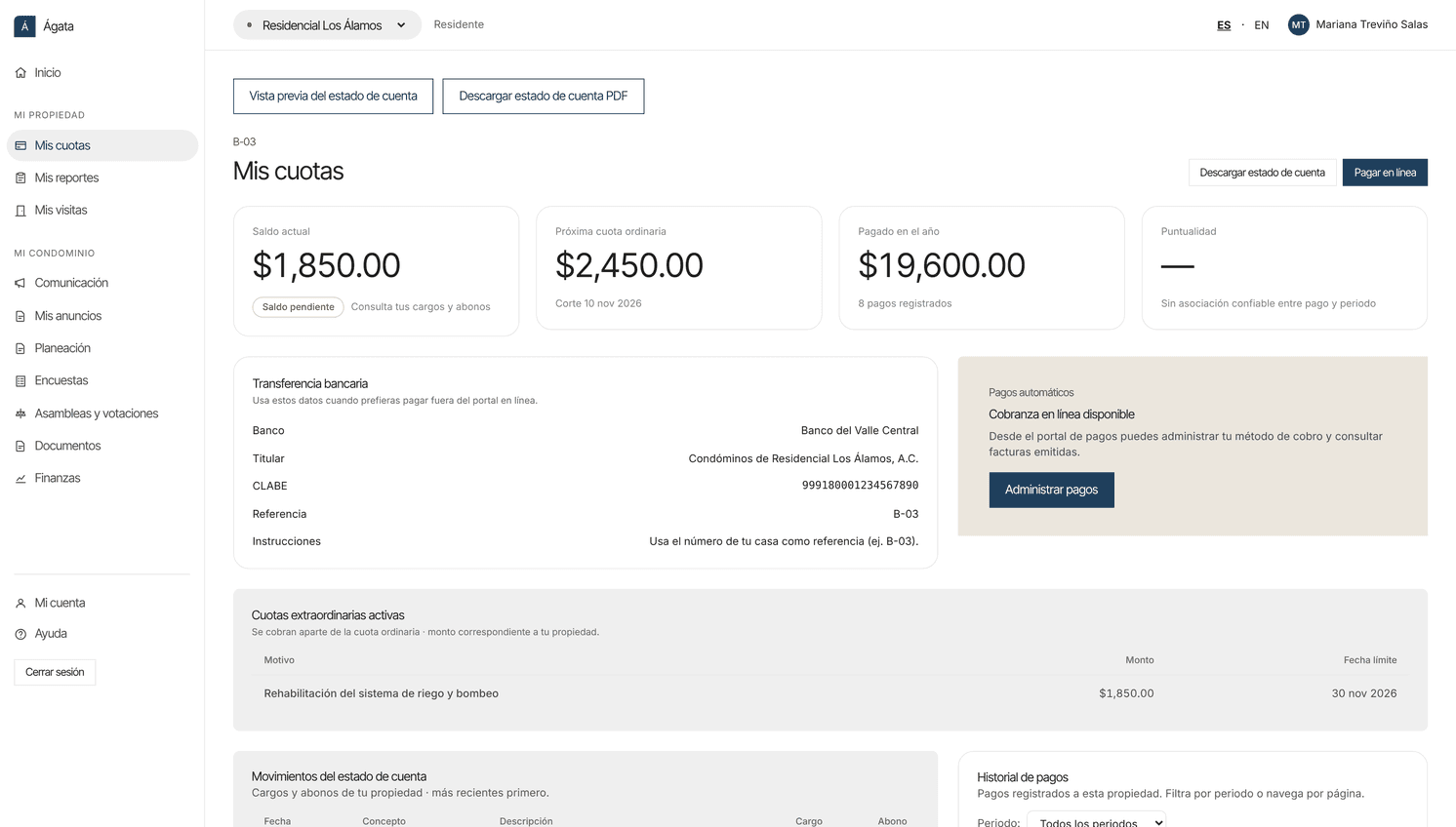 Estado de cuenta del portal de residentes con el saldo, la próxima cuota y los datos de pago