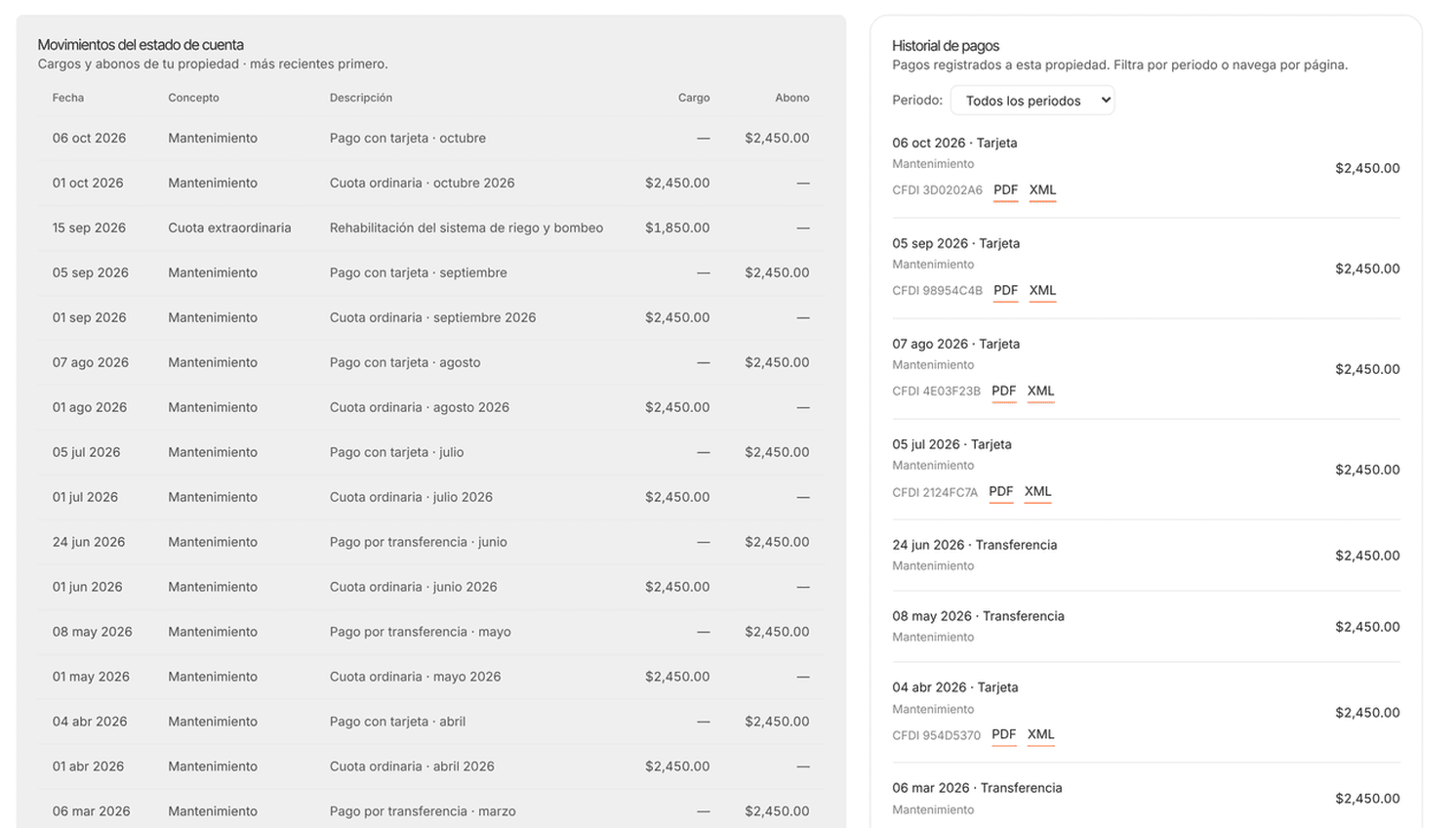 Historial de pagos del portal de residentes con los movimientos del estado de cuenta.