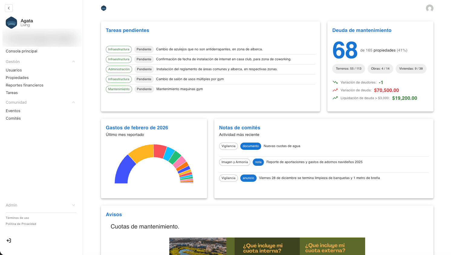 Panel principal de Ágata Living mostrando pendientes y métricas de operación