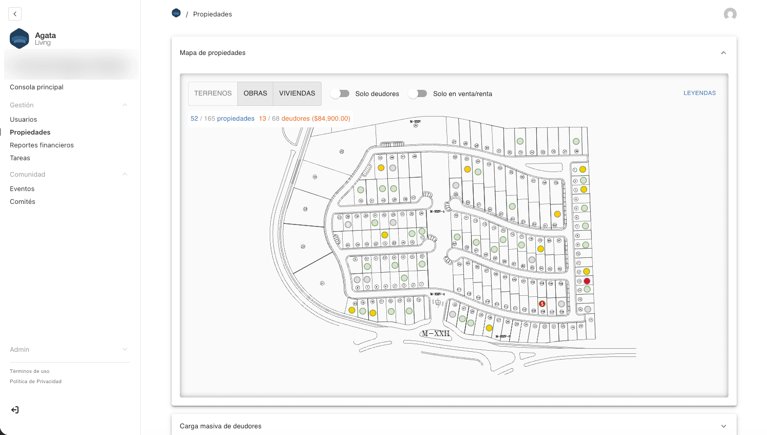 Mapa interactivo del condominio con estatus por propiedad